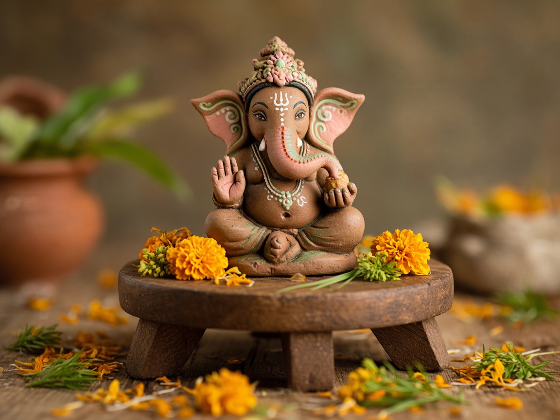 Small handmade clay Ganesha idol with marigold and durva grass