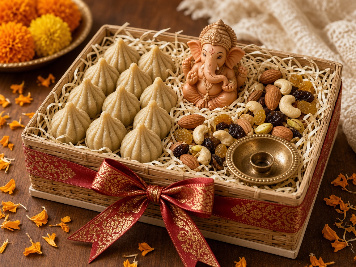 Cane hamper with modaks, dry fruits, a small clay idol and a brass diya