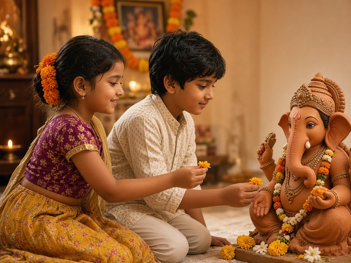 Two children in simple ethnic clothes offering flowers to a clay Ganesha at home