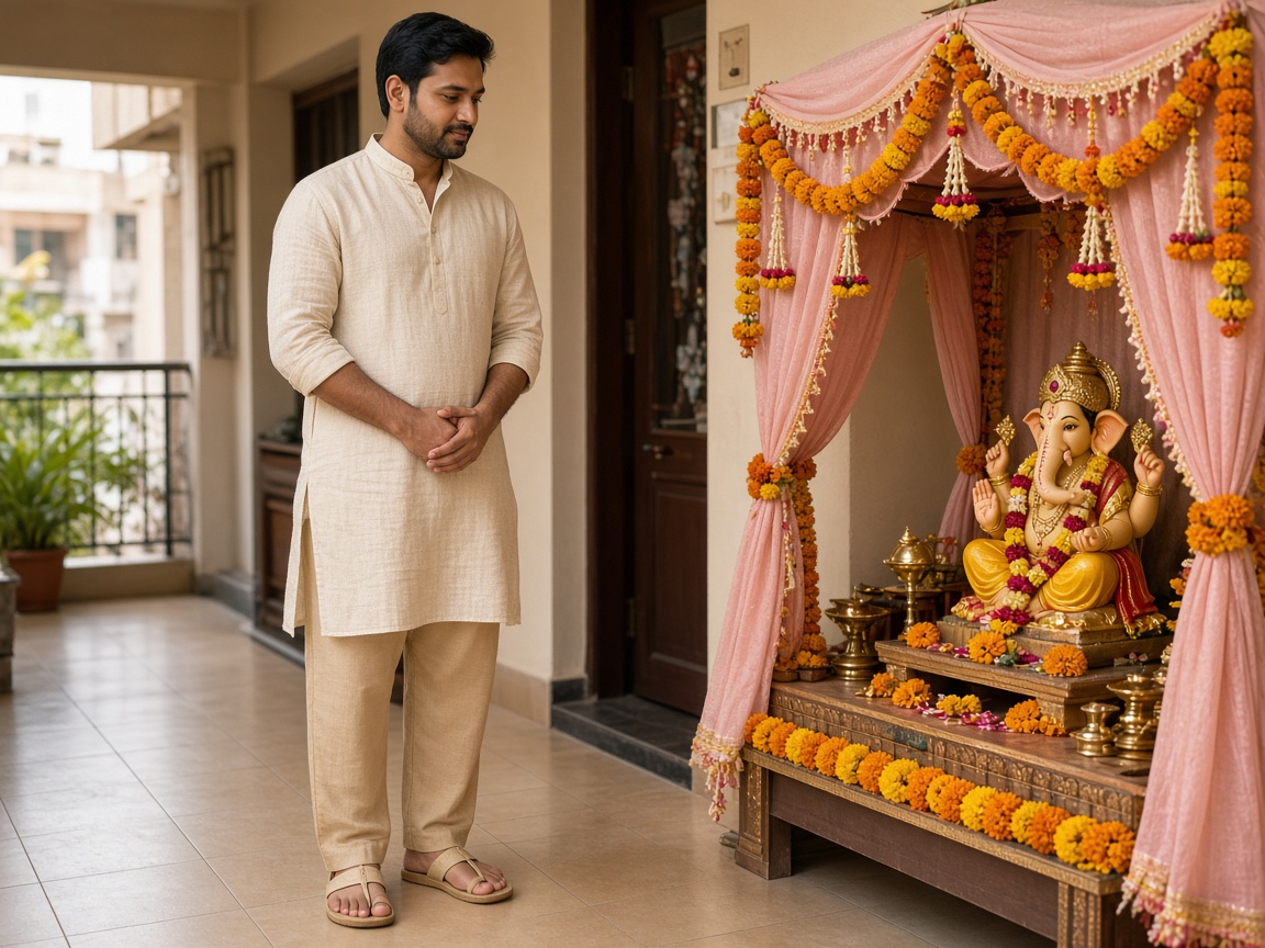 Man in a cream kurta standing near a home Ganesh mandap