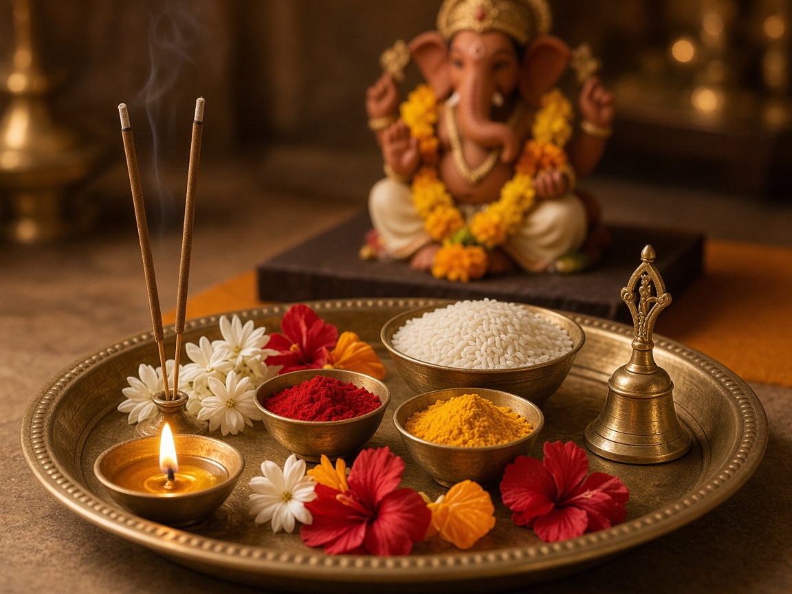 Brass puja thali with diya, incense, kumkum, rice and flowers