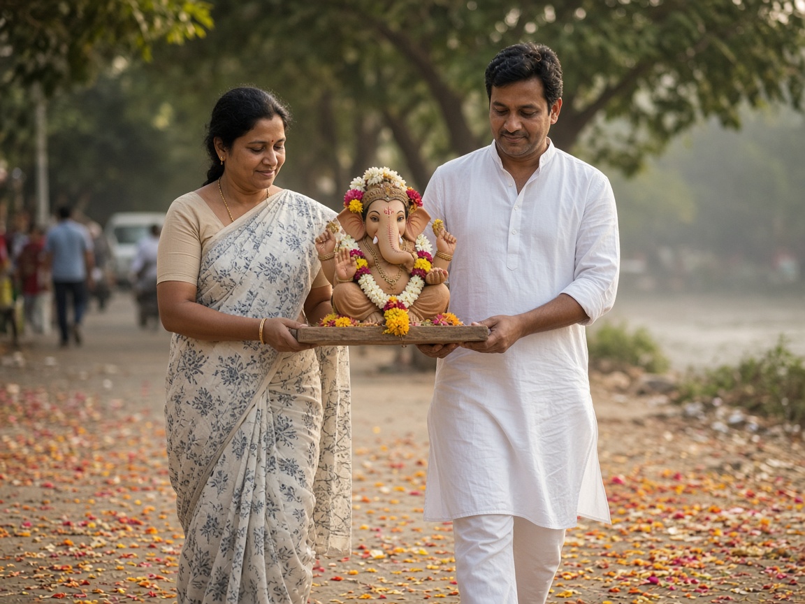Couple in comfortable cotton festive clothes carrying a small clay Ganesh idol for visarjan