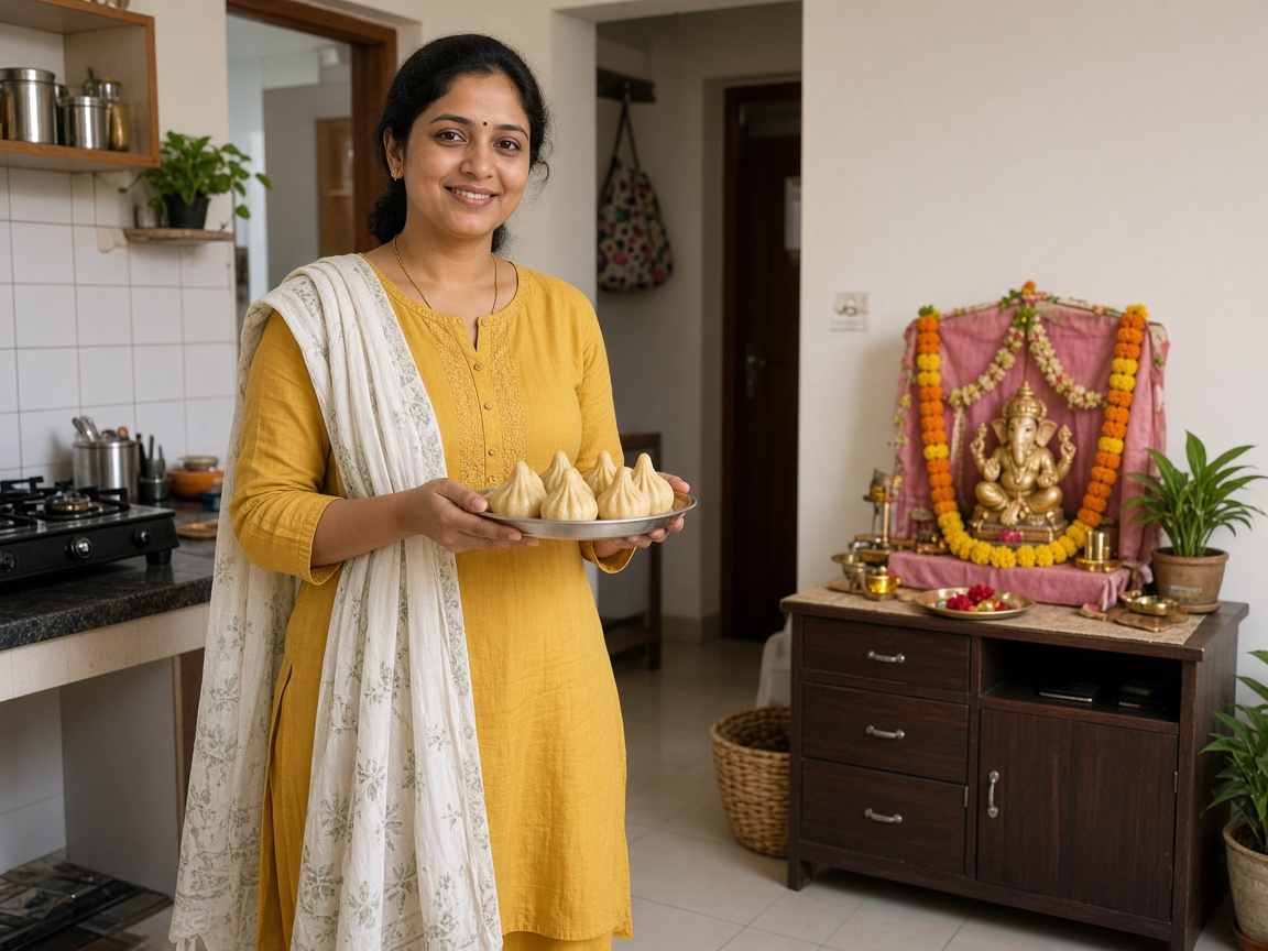 Woman in a mustard cotton kurta holding a plate of modaks in a home kitchen